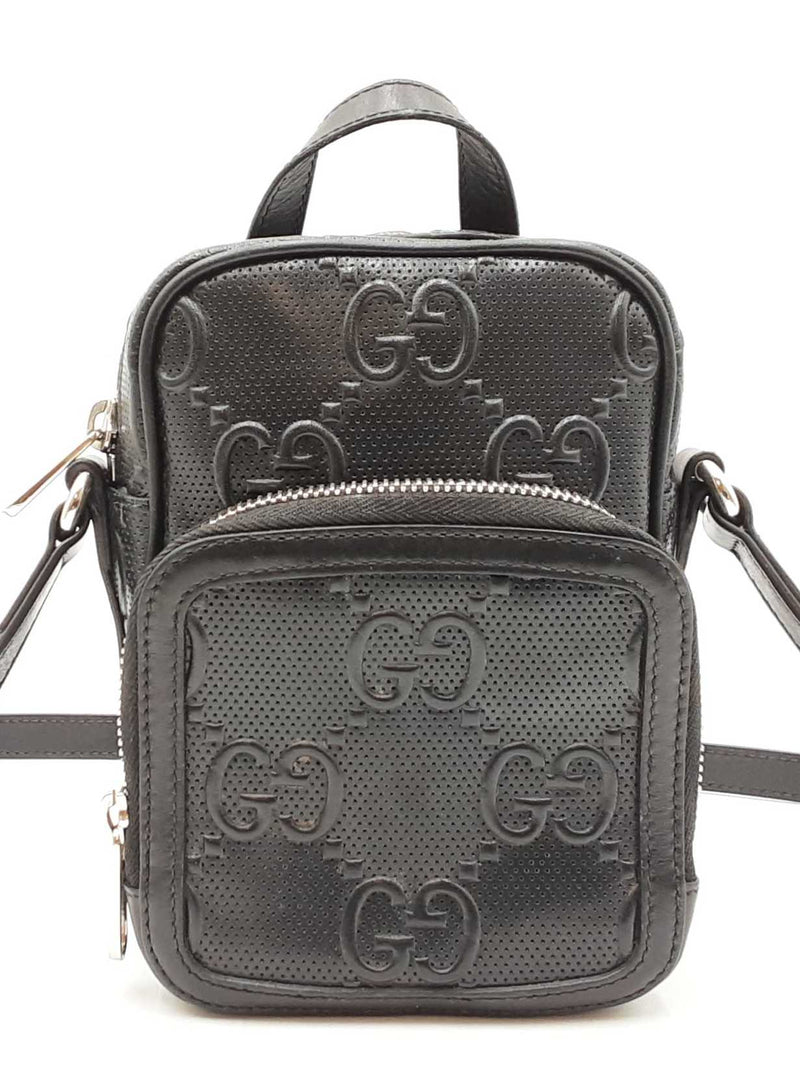 Gucci Gg Embossed Black Perforated Leather Mini Crossbody Bag Fw0425wwxdu