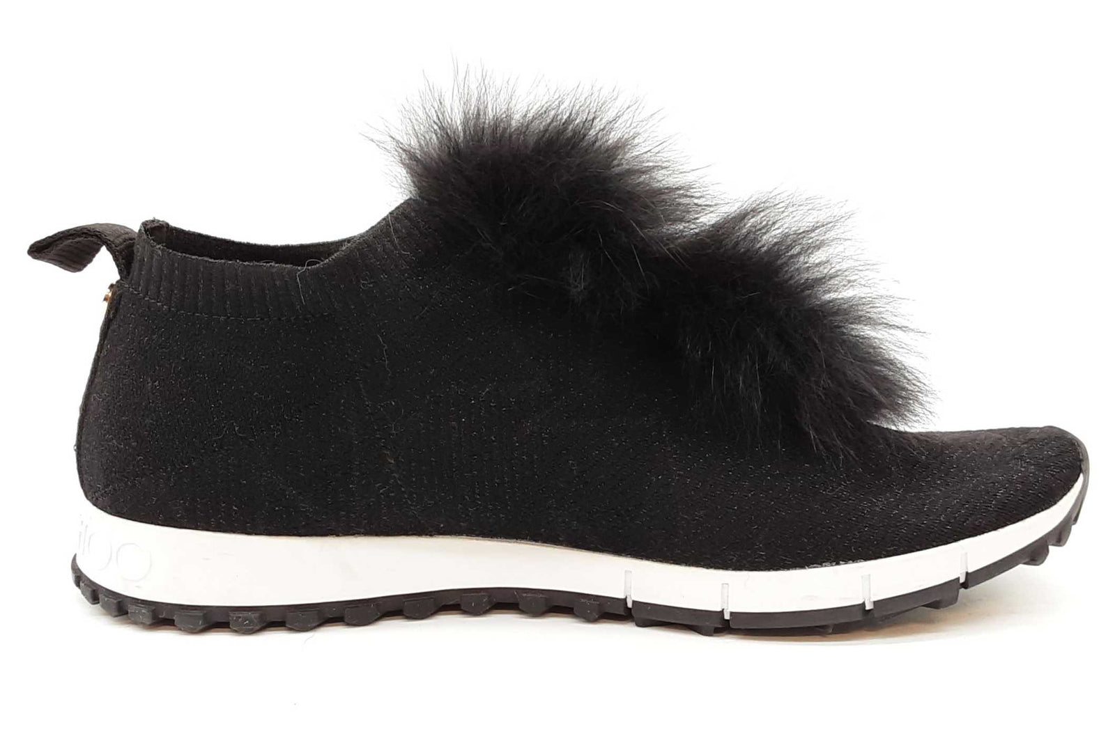 Jimmy Choo Norway Black Knit Norway Fur Pom-pom Sneakers Size 43