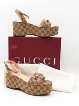 Gucci Lady Horsebit Platform Sandal In Gg Logo Canvas Size 40 Us 9.5 Fw0926ozxdu
