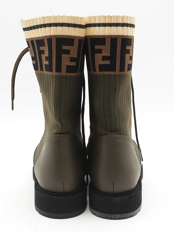 Fendi Rockoko Green Leather & Knit Combat Boots Size 37 Eb0925oxzsa