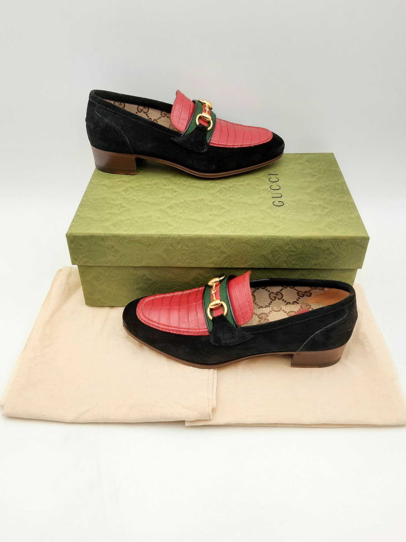 Gucci Web Horsebit Suede & Croc Embossed Leather Loafers Size 36.5 Fw1124oxzsa