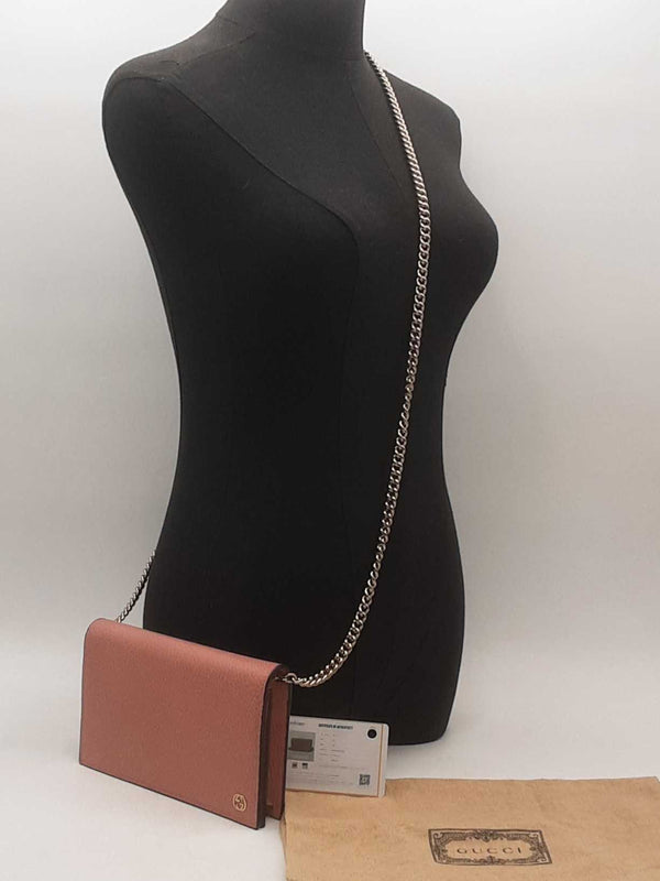 Gucci Chain Wallet Pebbled Leather Clutch Pink Aa0825wxzsa