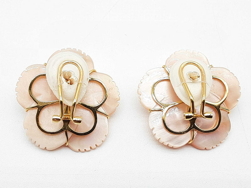 10k Yellow Gold Pink White Mother Of Pearl 15.7g Plumeria Clasp Earrings Do1224pxzde