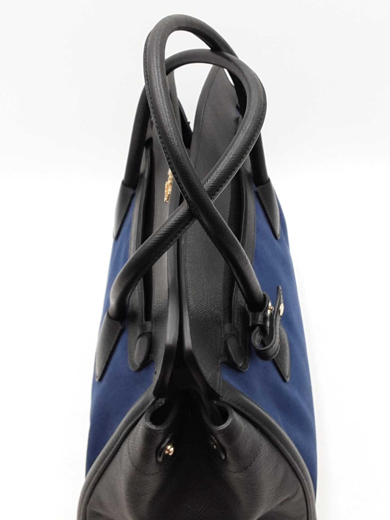 Prada Navy Blue Canvas & Black Saffiano Leather Tote Bag Eb1025oordu