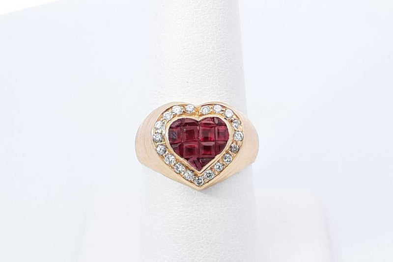 Ruby & Diamond Heart Shape Ring In 18k Yellow Gold 7.1 Grams Size 7 Eb1025wrxdu