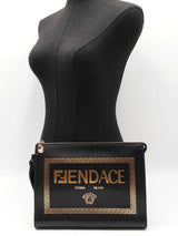 Fendi X Versace Logo Wristlet Clutch In Black Leather Fw1225orzdu