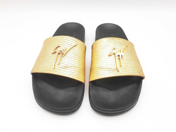 Guiseppe Zanotti Tetra Embossed Logo Golden Slide Sandals Size Eu 43 Do0524sxde