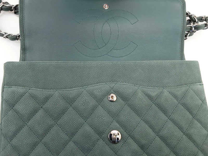 Chanel Jumbo Double Flap Dark Green Caviar Quilted Suede Shoulder Bag Do0125rxzxde