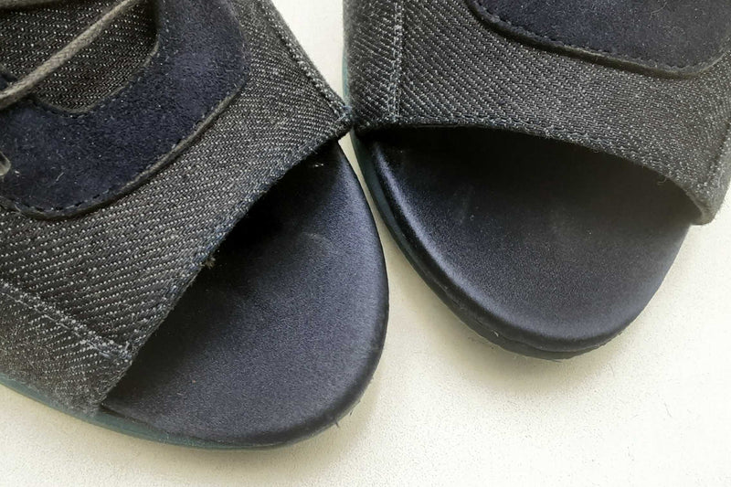 Burberry Denim & Navy Blue Sude Peep Toe Lace Up Heel Booties Size 36 Eb325lxzsa