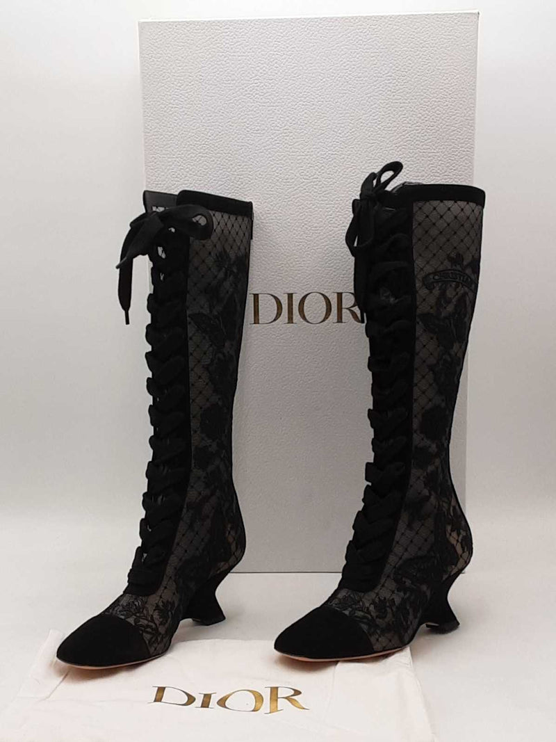 Dior Embroidered Mesh Suede Naughtily-d Knee Boots Black Size 37 Aa1125wzxsa