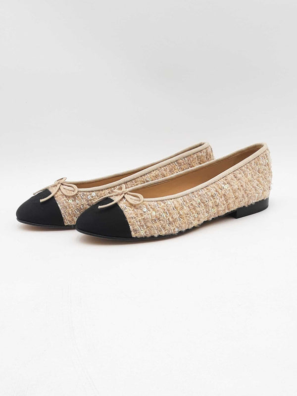 Chanel Tweed Ballet Flats Glittered Tweed Grosgrain Beige Size 39.5 Sd0425oxzsa