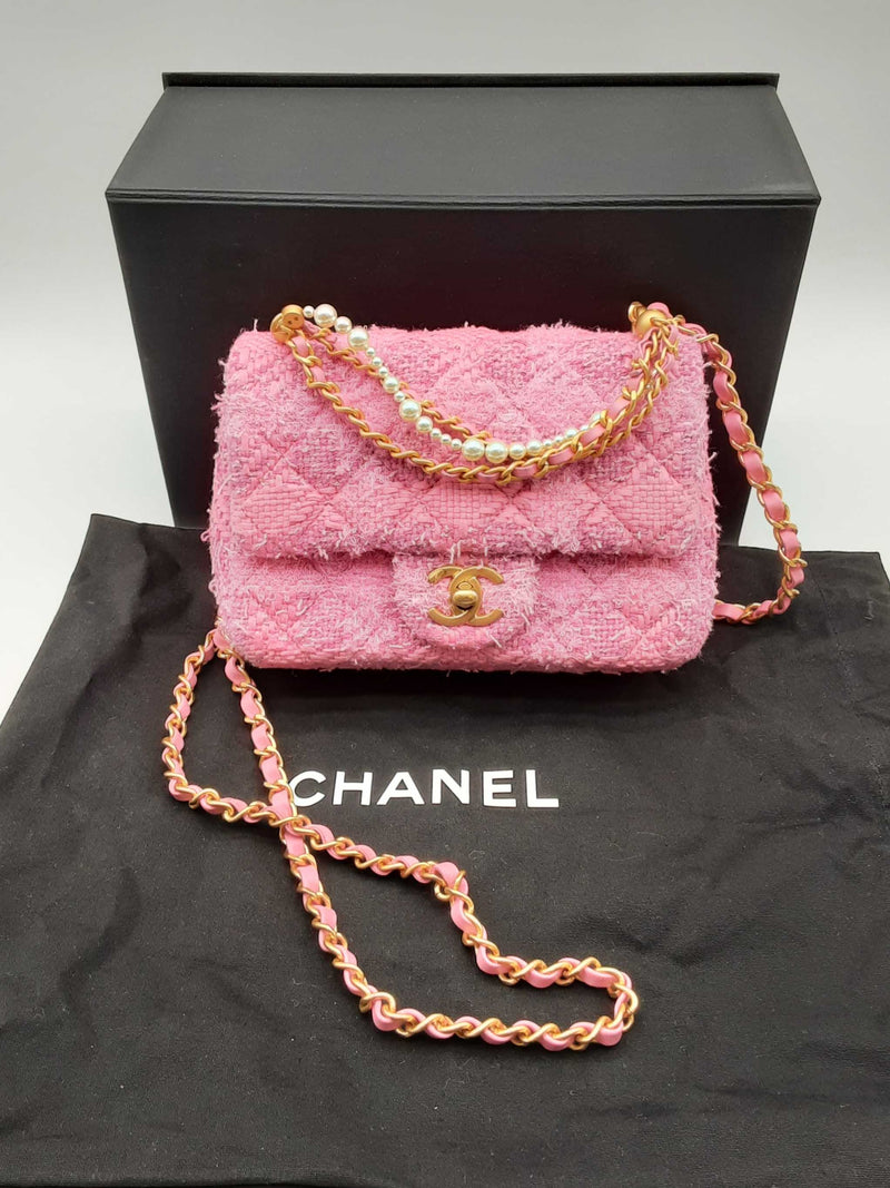 Chanel Flap Pink Quilted Tweed Pearl Twist Crossbody Bag Do1024wxzxde