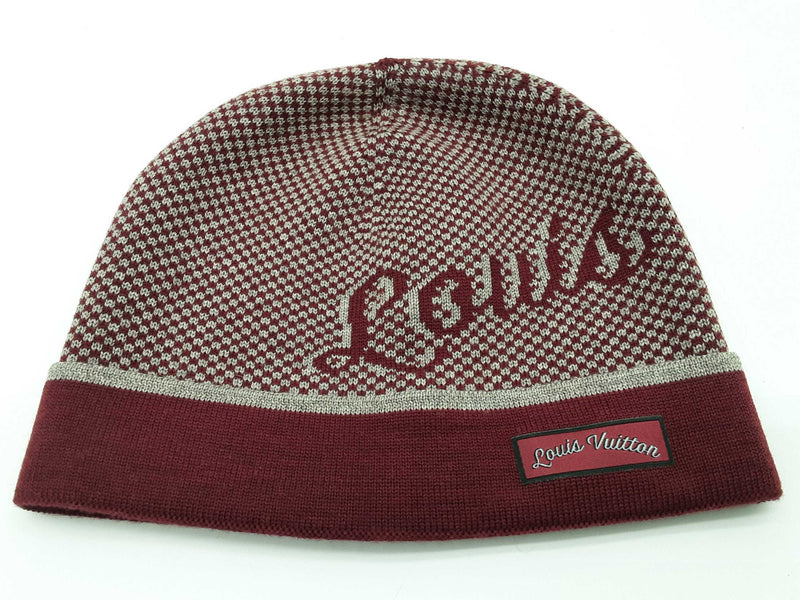 Louis Vuitton Signature Logo Red Gray Wool Beanie Do1025lxzde