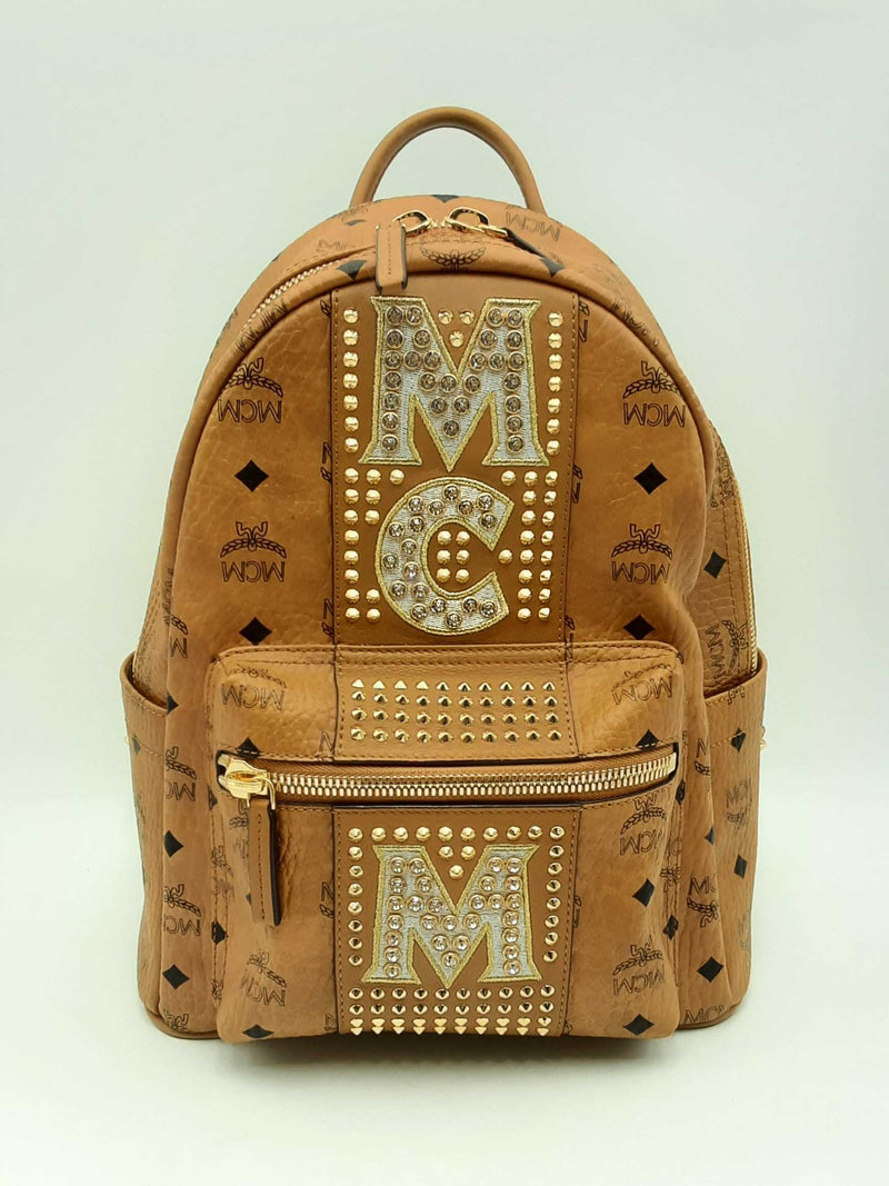 Mcm Small Stark Stripe Crystal Backpack In Visetos Cognac Fw1224oxzsa