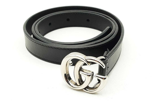 Gucci Thin Black Leather Belt With Silver Tone Gg Buckle Eb0125lrxsa