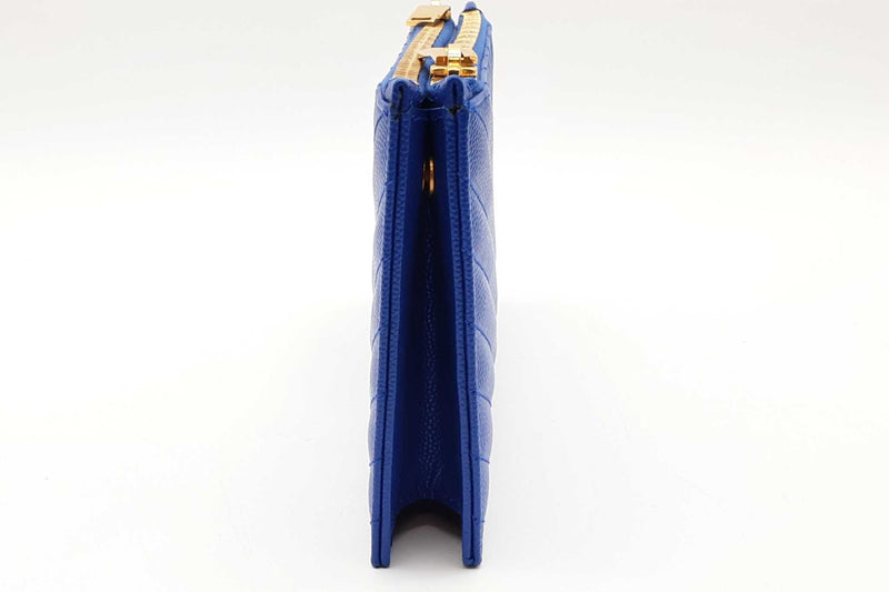 Ysl Cassandra Chevron Quilted Cobalt Leather Double Zip Clutch