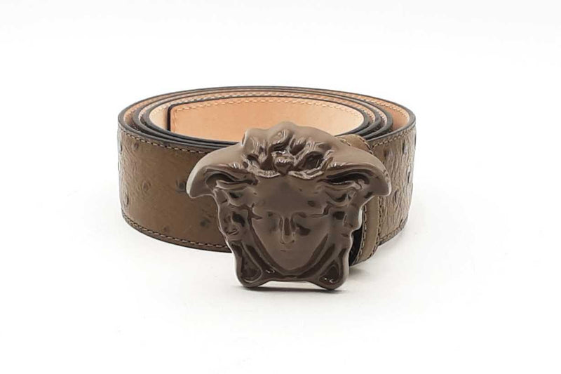 Versace Khaki Ostrich Belt With Medusa Buckle Eb0125lrxsa