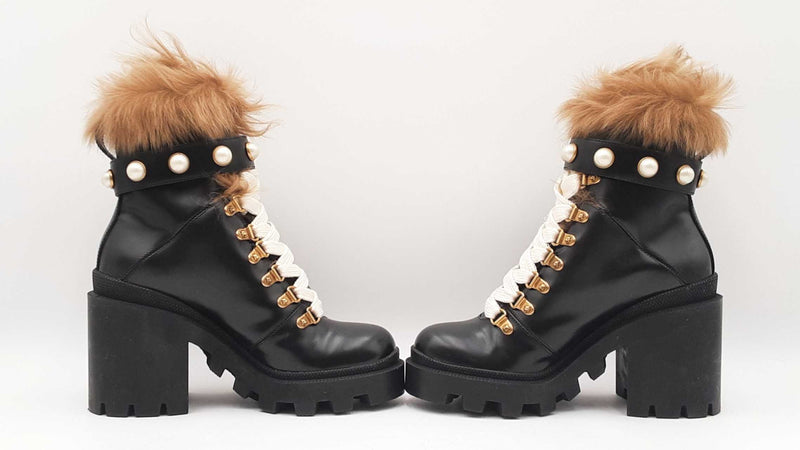 Gucci Magnum Fur & Faux Pearl Boots In Black Leather Size Eu 35 Fw0825exdu