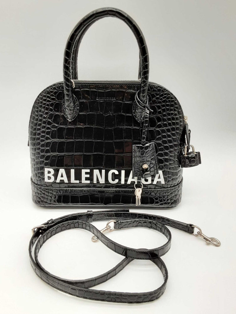 Balenciaga Ville Logo Black Croc Embossed Shoulder Bag Do0424ixzde