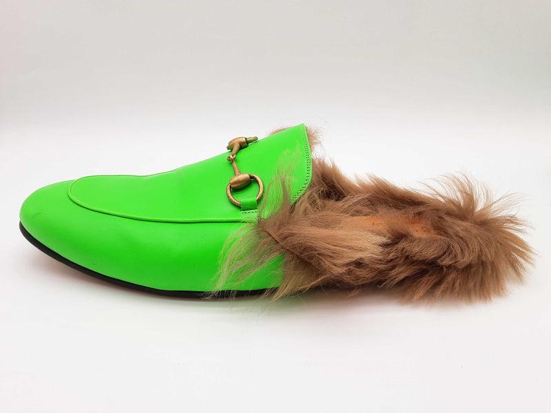 Gucci Princetown Neon Green Leather Fur Loafers Size Gucci 11 Mens Do0925oorde