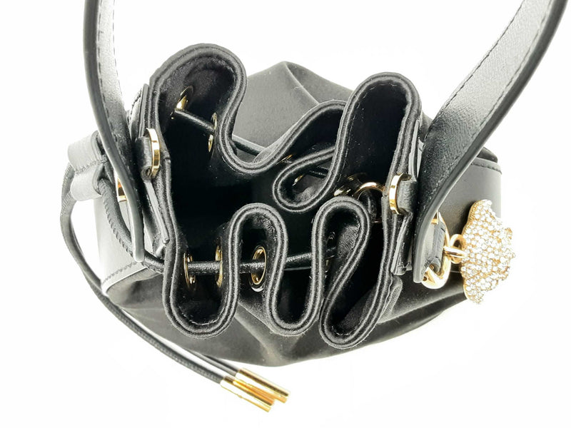 Versace La Medusa Charm Black Satin & Leather Mini Bucket Bag Fw1224pxzsa