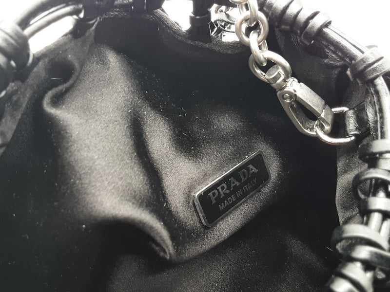 Prada Black Satin Leather Net Overlay Drawstring Crossbody Bag