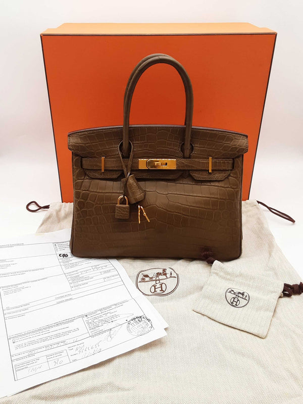 Hermes Birkin 30 Matte Brown Green Crocodile Gold Handbag Do0625wprxzde
