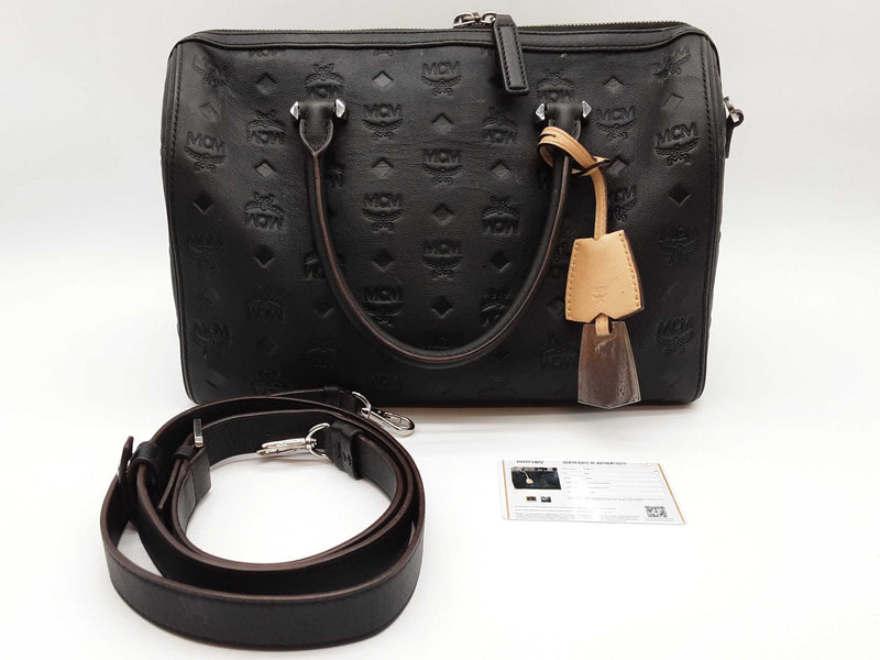 Mcm Ottomar Essential Black Logo Embossed Leather Boston Bag Do0825orxde