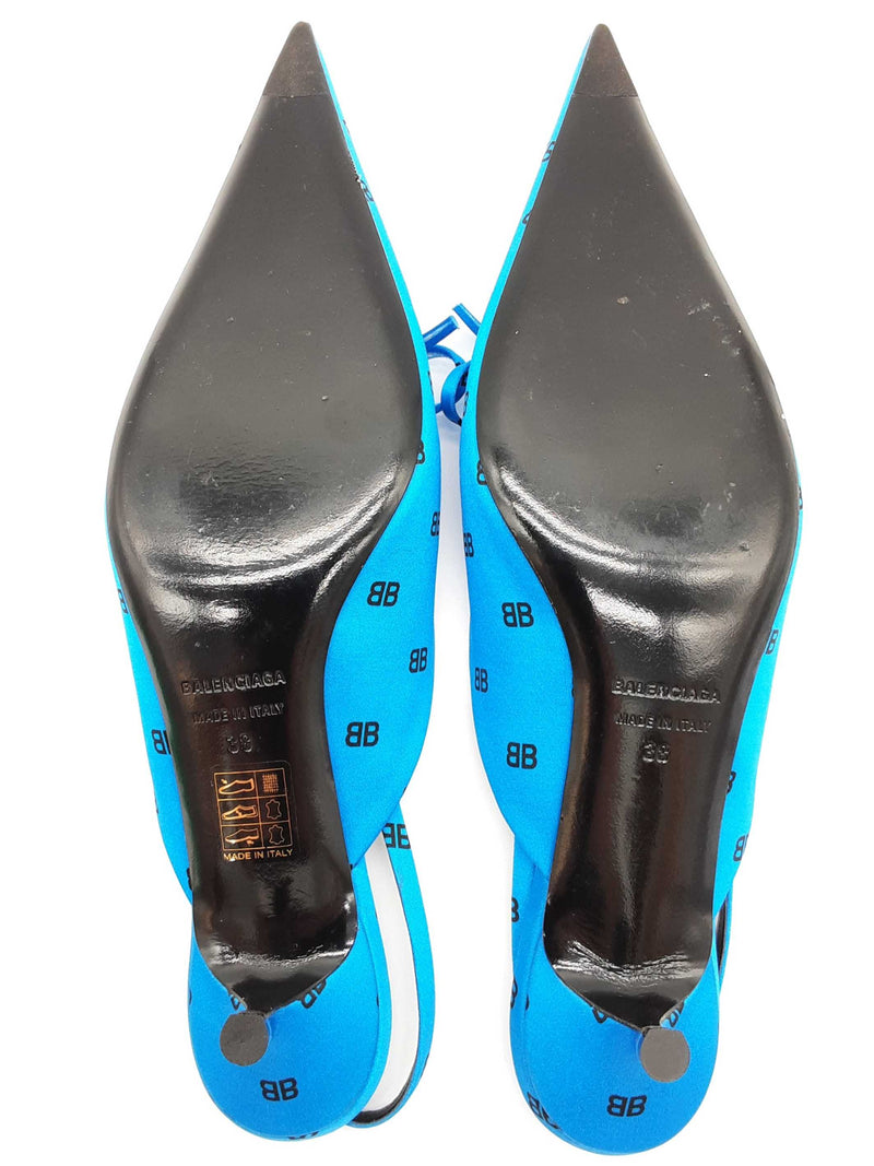 Balenciaga Knife Mules Logo Blue Satin Heels Size Eu 38 Do0725pxde