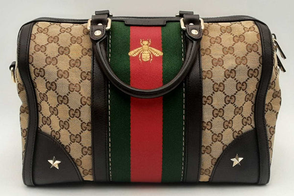 Gucci Gg Monogram Canvas Web Bee Boston Bag Eb0425ixzsa