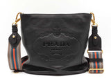 Prada Logo Hobo Bag In Black Vitello Phenix Leather & Striped Strap Fw1225ixzdu