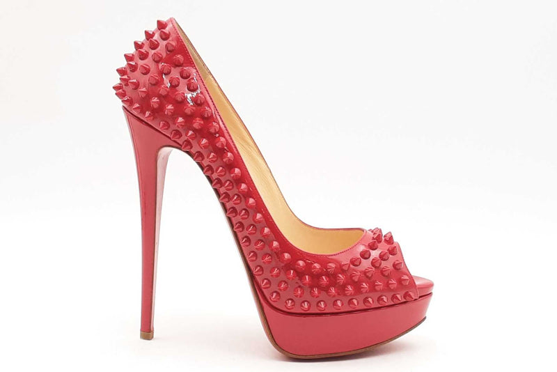 Christian Louboutin Red Patent Leather Spiked Peep Toe Pumps Size 40 Eb1224lxzsa