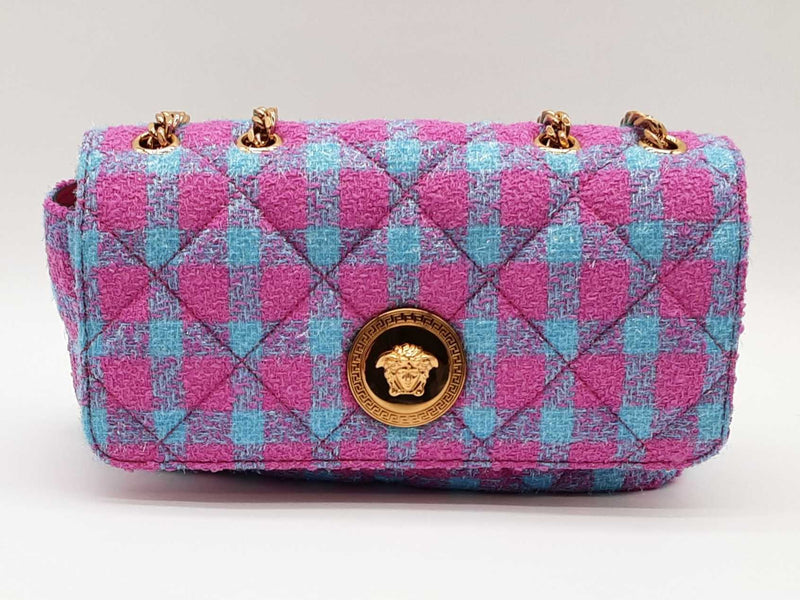 Versace La Medusa Pink And Blue Plaid Tweed Quilted Crossbody Sd1025wzxde
