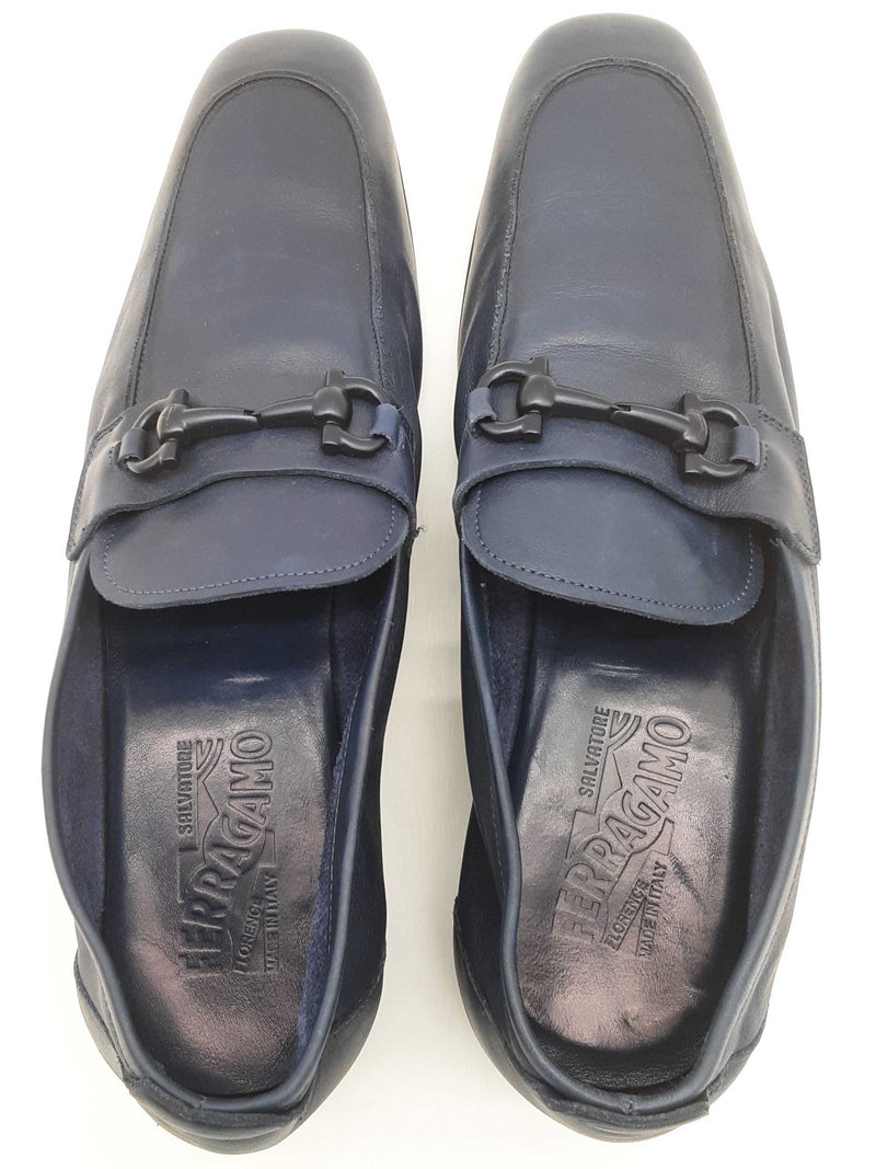 Salvatore Ferragamo Manfredi Gancio Navy Blue Leather Loafers Size 9d Do0525rxde