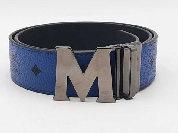 Mcm Reversible Monogram Claus Leather Belt Blue 36-38 In Aa0925rzsa