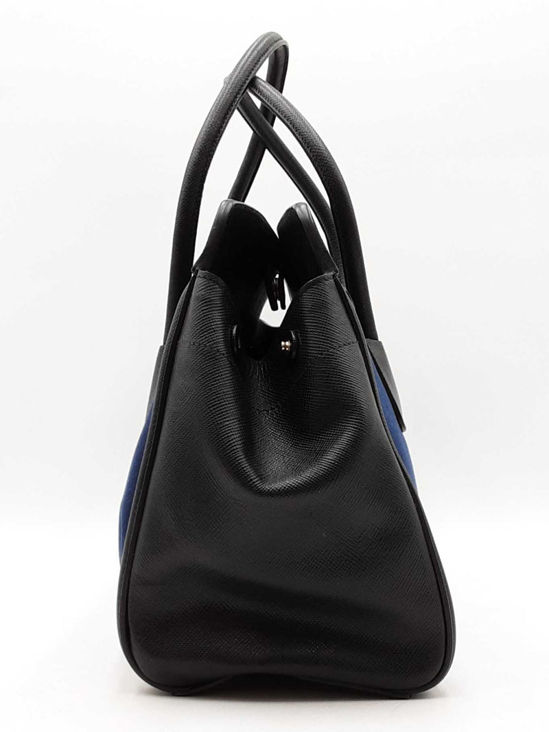 Prada Navy Blue Canvas & Black Saffiano Leather Tote Bag Eb1025oordu