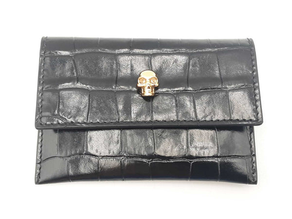 Alexander Mcqueen Black Embossed Croc Calfskin Trifold Wallet Sd0825rzsa