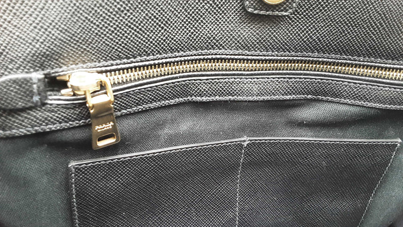 Prada Navy Blue Canvas & Black Saffiano Leather Tote Bag Eb1025oordu