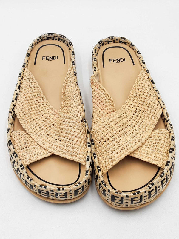 Fendi Raffia Ff Woven Crisscross Slides Size 41 Eb0825rxdu