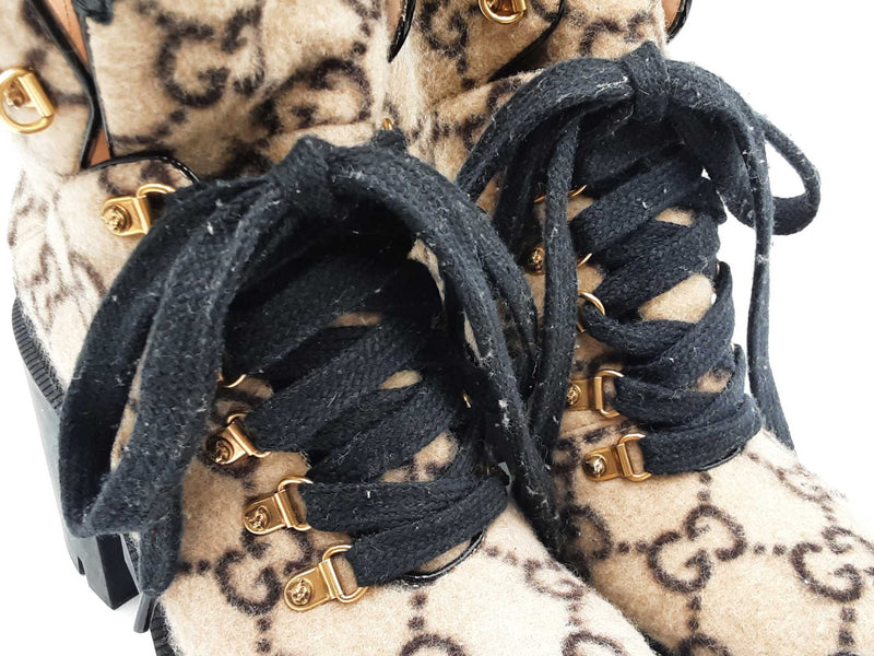 Gucci Combat Ankle Boots In Beige & Ebony Gg Monogram Wool Size 39 Fw00625ozxdu