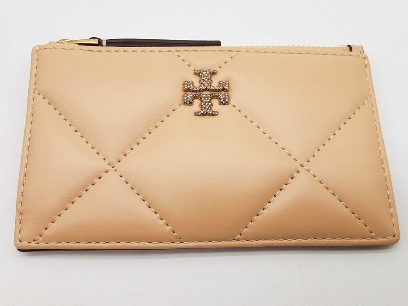 Tory Burch Kira Beige Diamond Quilted Pave Logo Zip Card Case Do0525wrde
