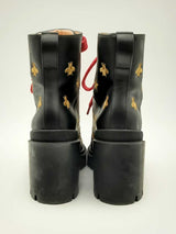 Gucci Black Leather Embroidered Bee Lace Up Combat Boots Size 36.5 Eb1224wxzsa