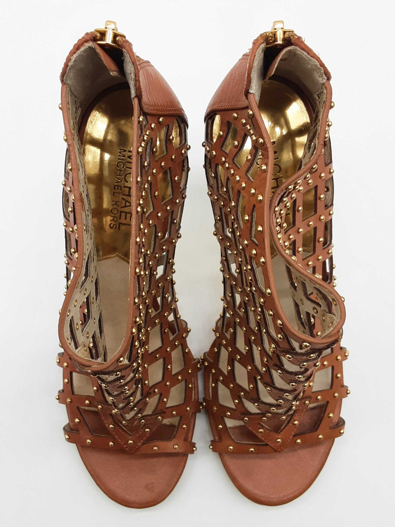 Michael Kors Yvonne Gold Brown Leather Caged Heels Size Us 8m Womens Do0525oxde