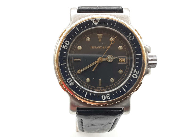 Tiffany & Co M0729 39 Diver Two Tone Steel Black Leather Strap Quartz Watch