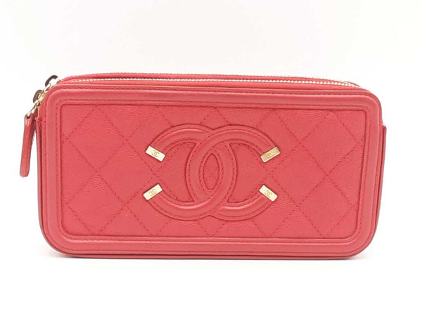 Chanel Cc Filigree Caviar Double Zip Clutch With Chain Red Aa0225rxzsa