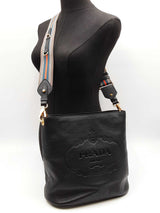 Prada Logo Hobo Bag In Black Vitello Phenix Leather & Striped Strap Fw1225ixzdu