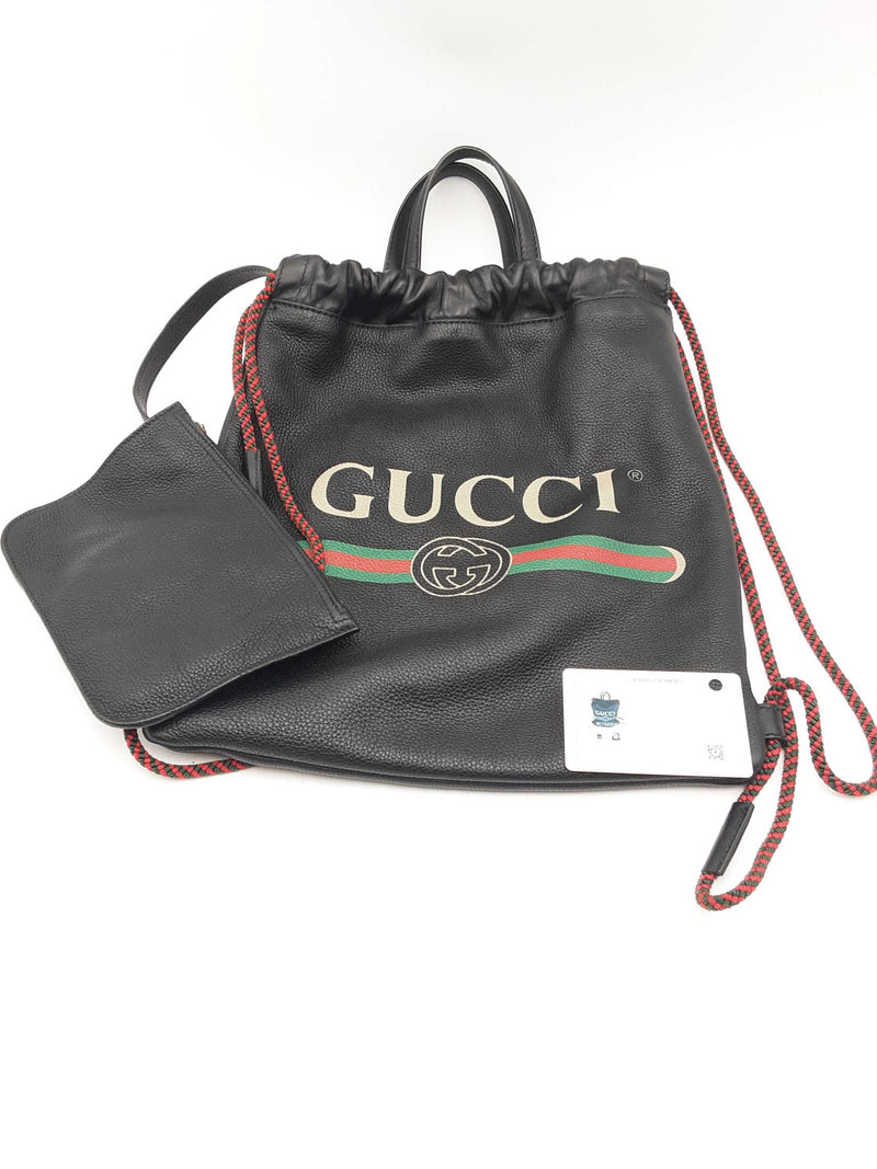 Gucci Gg Logo Black Leather Drawstring Backpack Sd0325wxzsa
