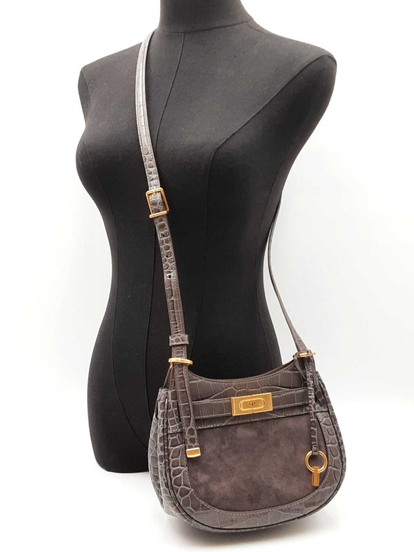 Tory Burch Lee Radziwill Croc-embossed Gray Leather Saddle Bag Fw0225pzdu