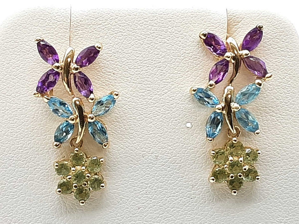 Synthetic Multicolored Stones 10k Yellow Gold 3.8g Butterfly Dangle Stud Earrings Do0425lwxde