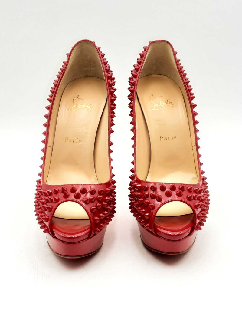 Christian Louboutin Red Patent Leather Spiked Peep Toe Pumps Size 40 Eb1224lxzsa